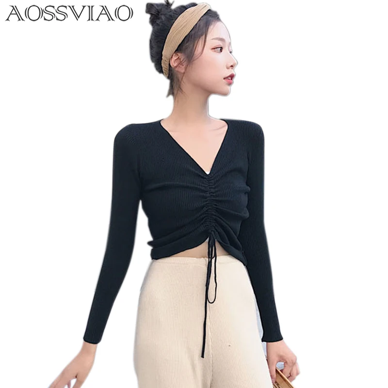 

AOSSVIAO Sexy lace up knitting pullover top Fashion autumn winter sweater women Chic pink V-neck knit slim jumper pull femme