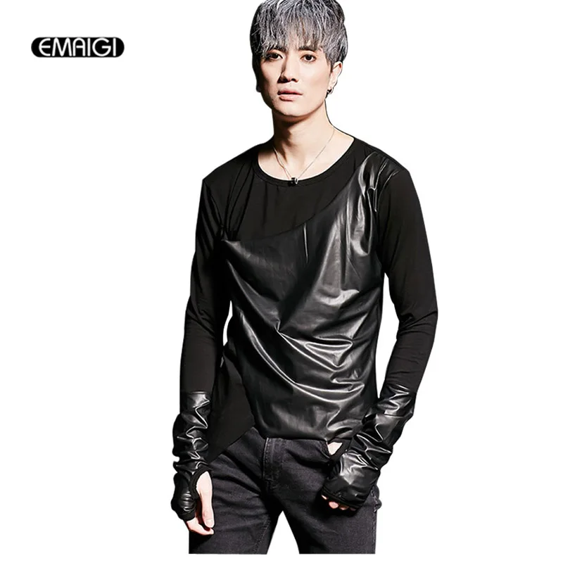 

Men Leather Splice T-shirt Punk Gothic Style Tees Shirts Male Fashion Long Sleeve Slim Fit Special Cut T Shirt