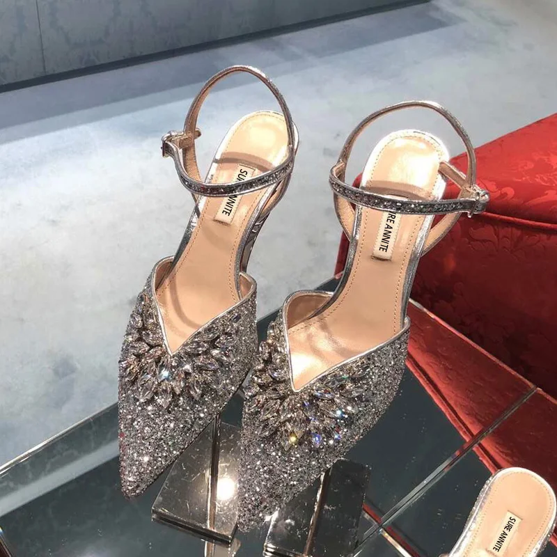 

Summer ladies 2021 new pointed shallow mouth stiletto high heel sandals banquet dress crystal shoes sexy bride wedding shoes