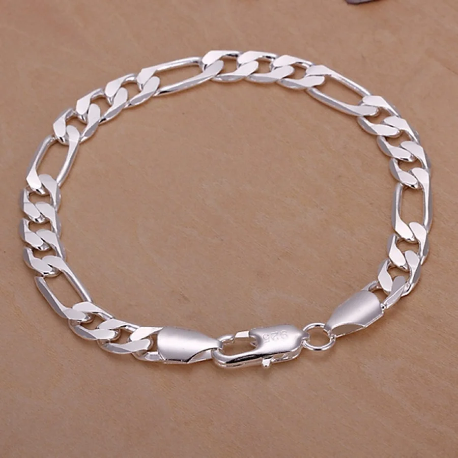 

Fine 925 Sterling silver bracelets 8mm Women Men chain wedding fashion top quality Silver Jewelry Figaro Bracelet free shipping