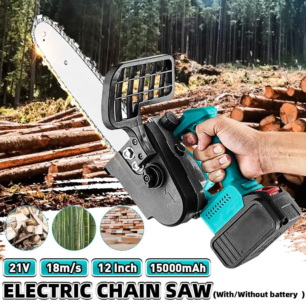 

21V 12in Cordless Electric Saw Chainsaw Portable 18m/s Woodworking Electric Saw Wood Cutter Power Tools US Plug Set