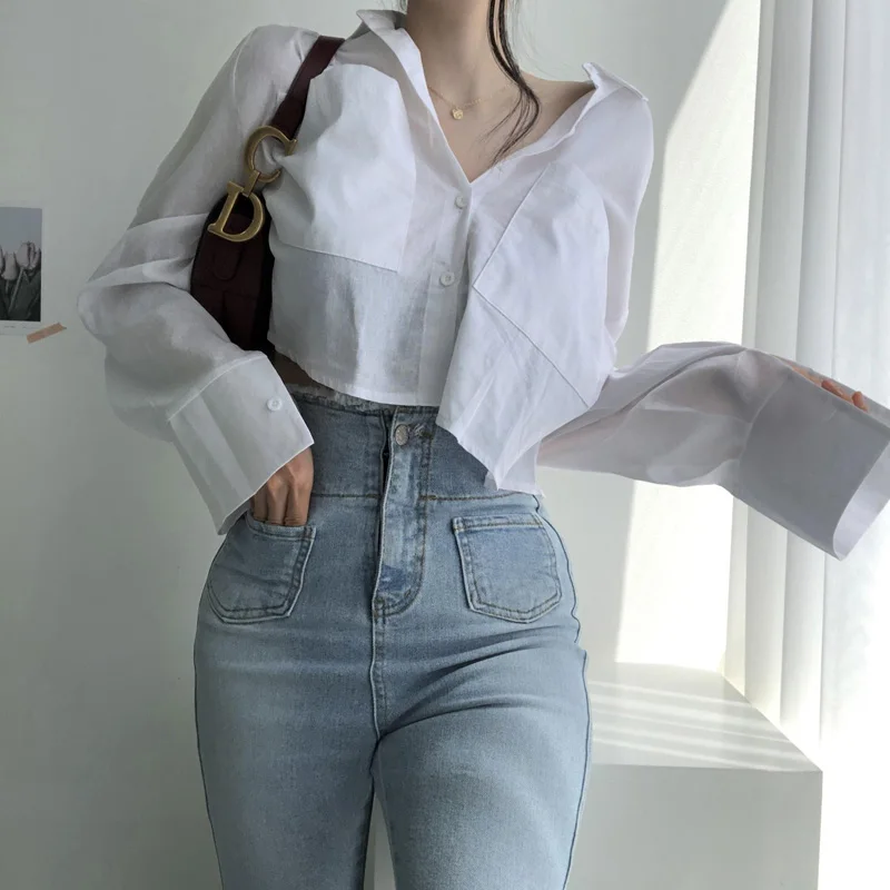 Причудливая женская рубашка в Корейском стиле Ins с двумя карманами короткая