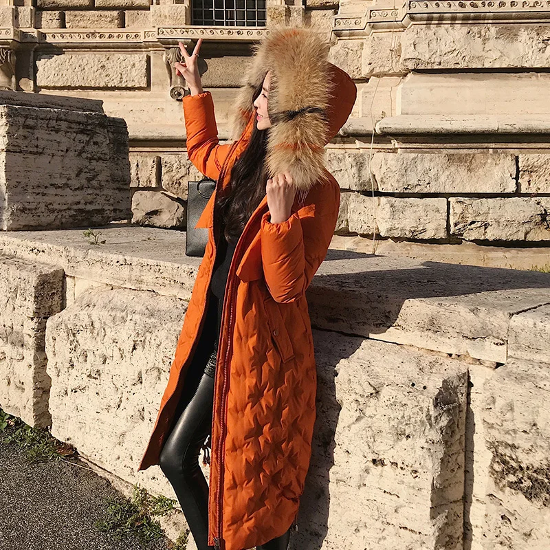 Настоящий енот собака меховой воротник мода зима белый утиный пух пальто Верхняя