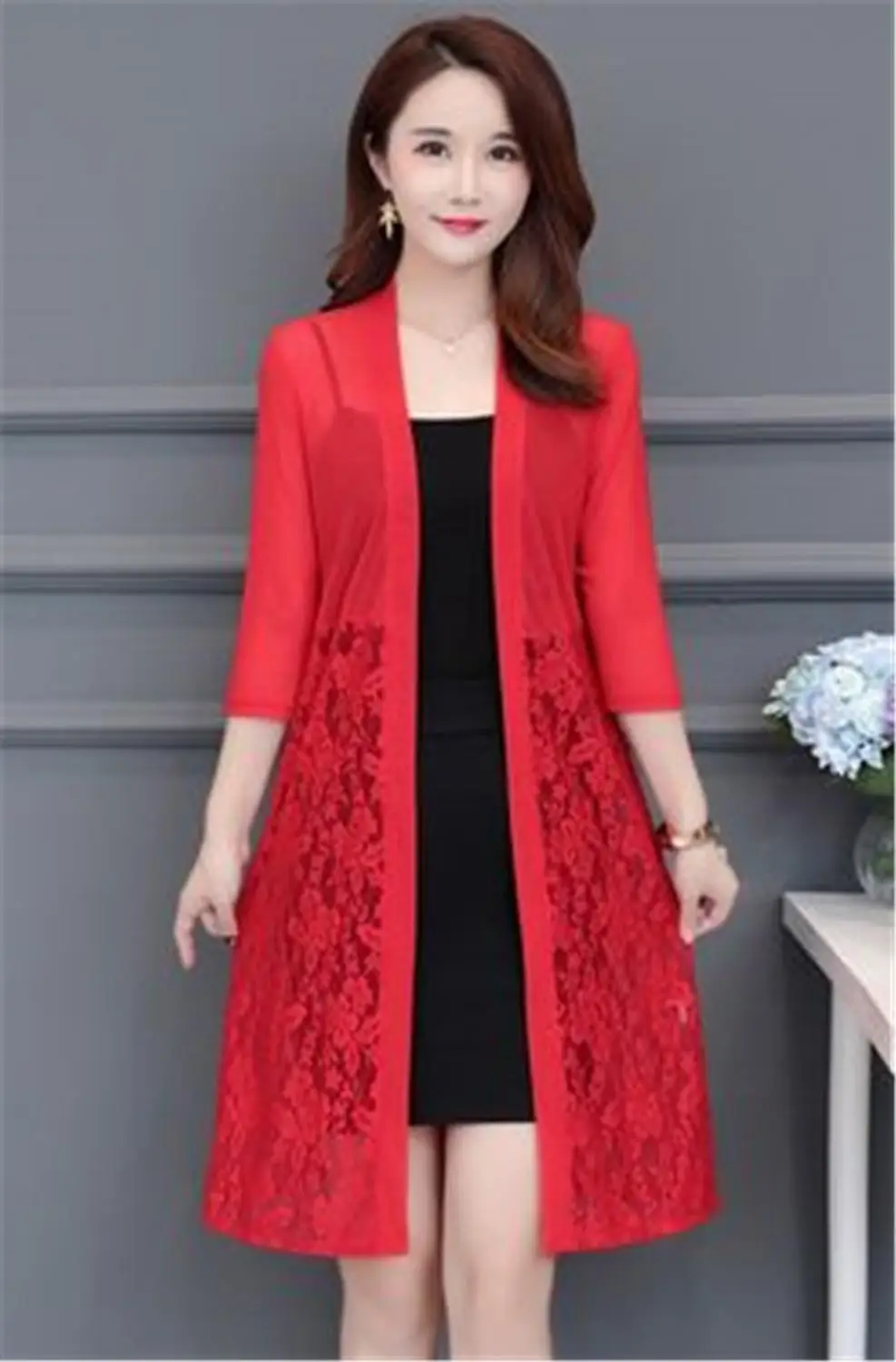 Женский кружевной кардиган с длинным рукавом розовый черный красный белый