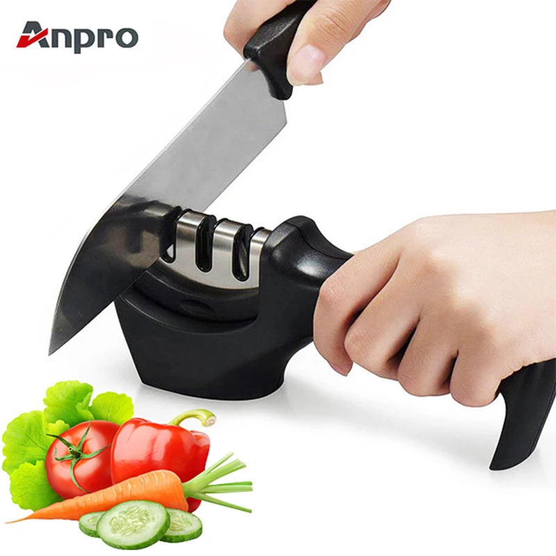 Anpro 1 шт., 3 ступени, профессиональная точилка для ножей, инструмент для заточки кухонных ножей, камень, керамика, Вольфрамовая сталь, нож, шлифовальный станок