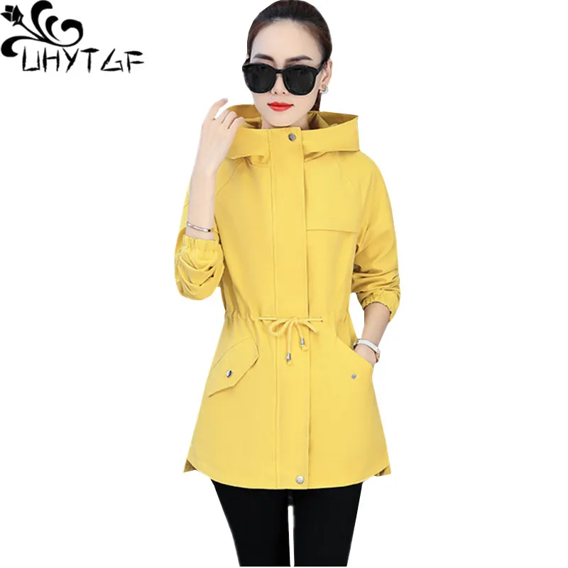

UHYTGF Women plus size coat hooded casual spring autumn trench coat female Mid-length elegant loose Windbreaker lady Genuine 967