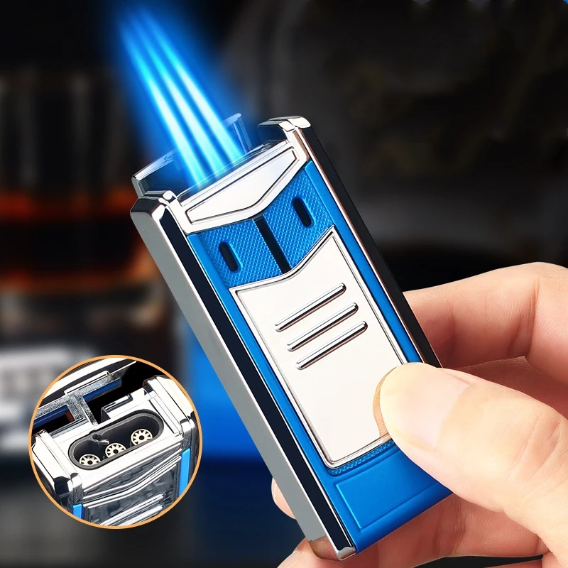 

Butane Windproof Lighter Metal Three-fire Direct Injection Blue Flame Cigar Inflatable Lighter Cigarette Accessories Men Gift