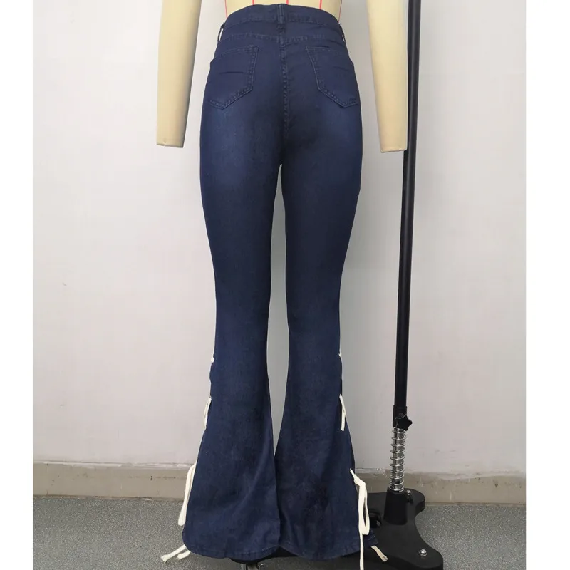 

Streetwear Lace Up Leg Patchwork Jeans Women Hollow Out Jeans Trousers Casual Ladies Spring Autumn Wear