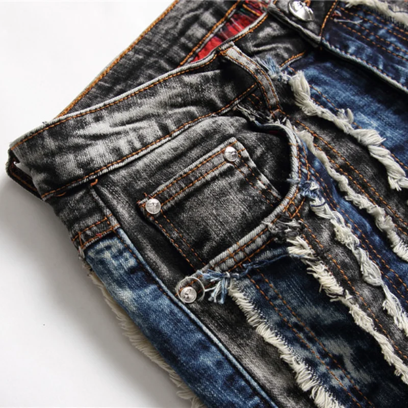 2021 Vibe Style Color Block Patchwork Retro Washed Men Pencil Jeans Trousers Hip Hop Stretch Slim Denim Pants Pantalones Hombre