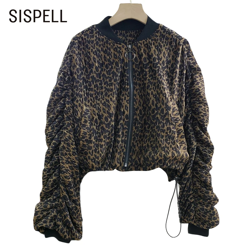 

SISPELL Leopard Grain Colorblock Coats For Female O Neck Puff Sleeve Pleated Draw String Women's Coat New Fashion 2021
