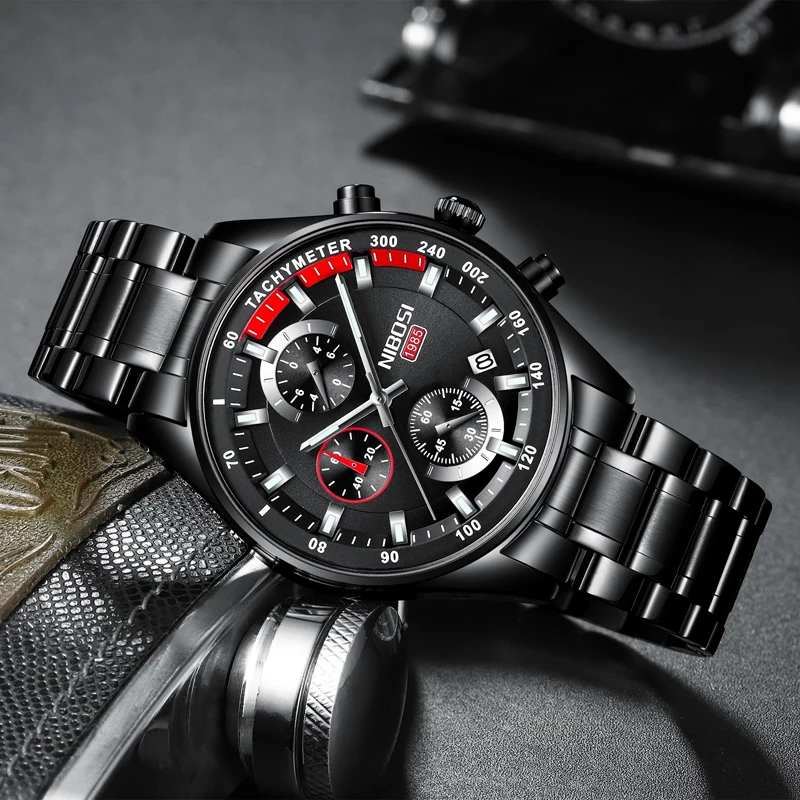 NIBOSI Luxury Brand Quartz Wristwatch Sports Chronograph Date Men's Watch Stainless Steel Black Watch Men Relogio Masculino 2375