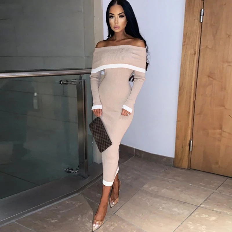 Женское вязаное платье с открытыми плечами NATTEMAID длинное облегающее вечерние