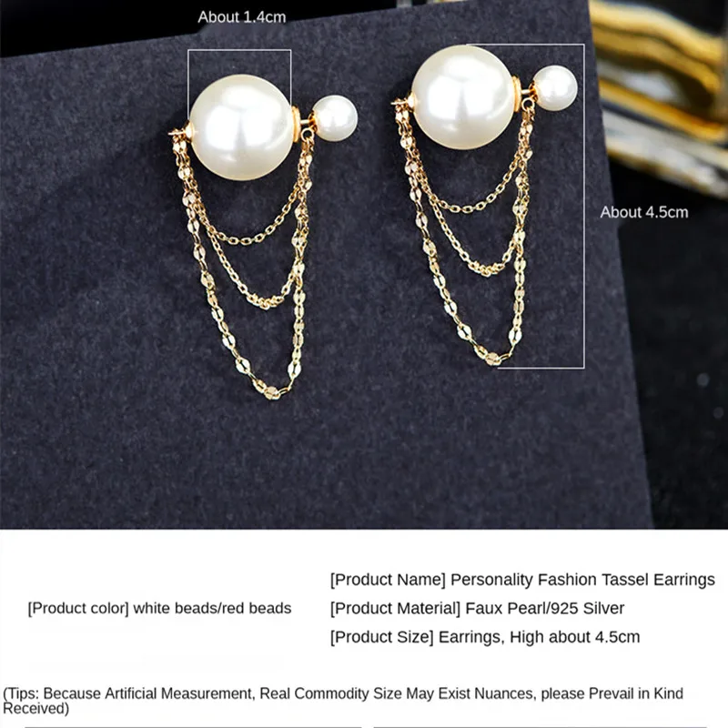 

S925 korean fashion pearl rear-hanging round earrings long multi-layer chain tassels show thin face earrings jewelry wholesale