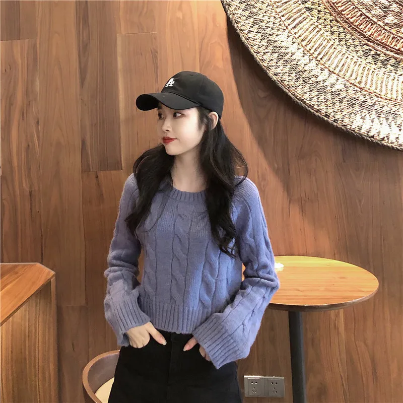 Autumn Winter New Women's Short Pullovers Sweater Twist Knitting Full Sleeve Solid Fashion Vintage Casual Tops T98506D