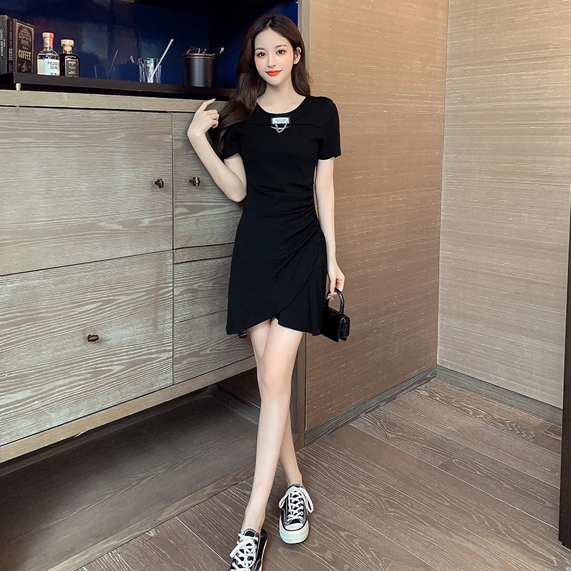 

COIGARSAM 3XL Plus Size Women one-piece dress korean New Summer High Waist Dresses Black 5105