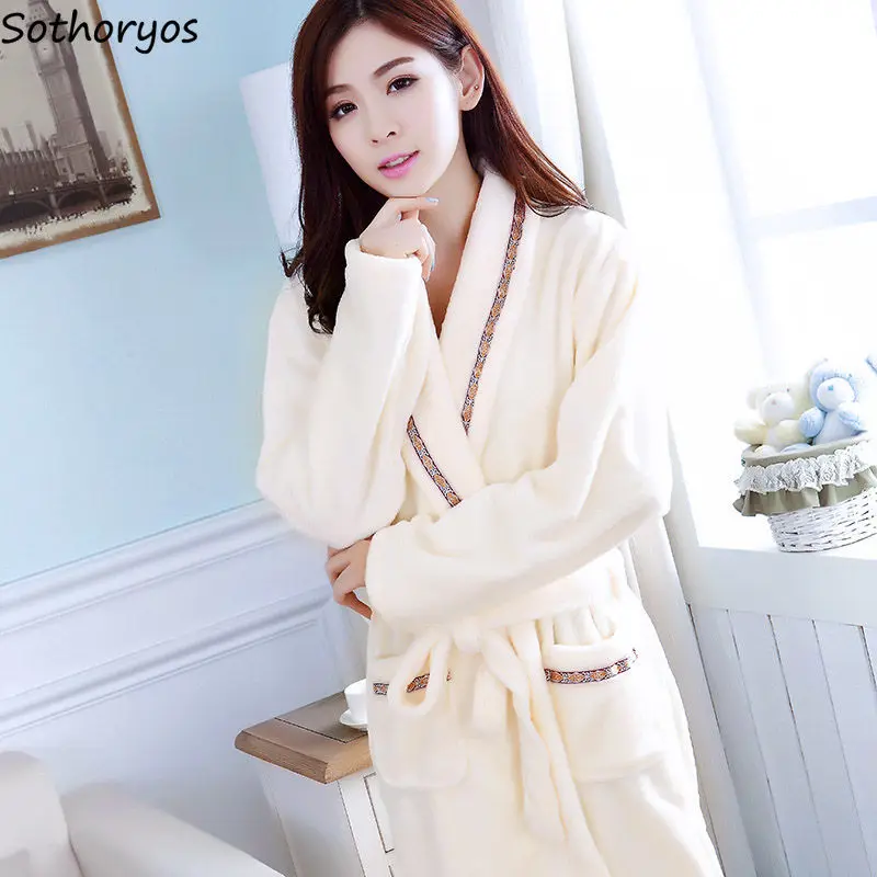 

Robes Women Flannel Autumn Winter Full Sleeves Printed Knee-length Korean Style Warm Thicken Soft Kimono Breathable Trendy Fit