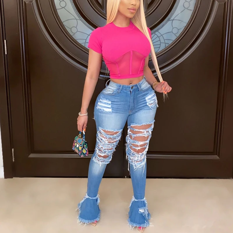 3 Colors Women Ripped Denim Bell Bottom Bodycon Jeans Slim Fit Solid Blue Distressed Pants ( No Stretch ) | Женская одежда