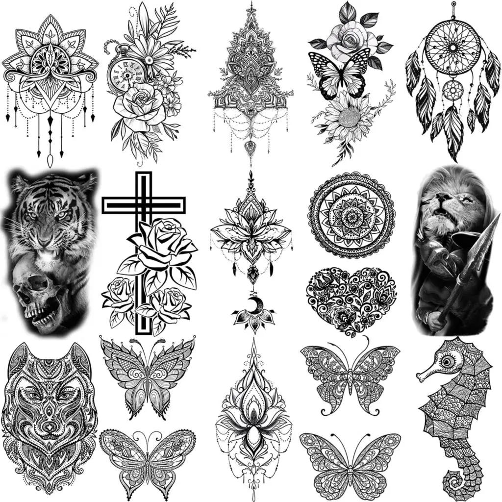 

3D Лотос, подвеска, хна, Бабочка, временные татуировки для женщин, крест для взрослых, тигр, Лев, цветок, искусственная татуировка на шею, руки, ...