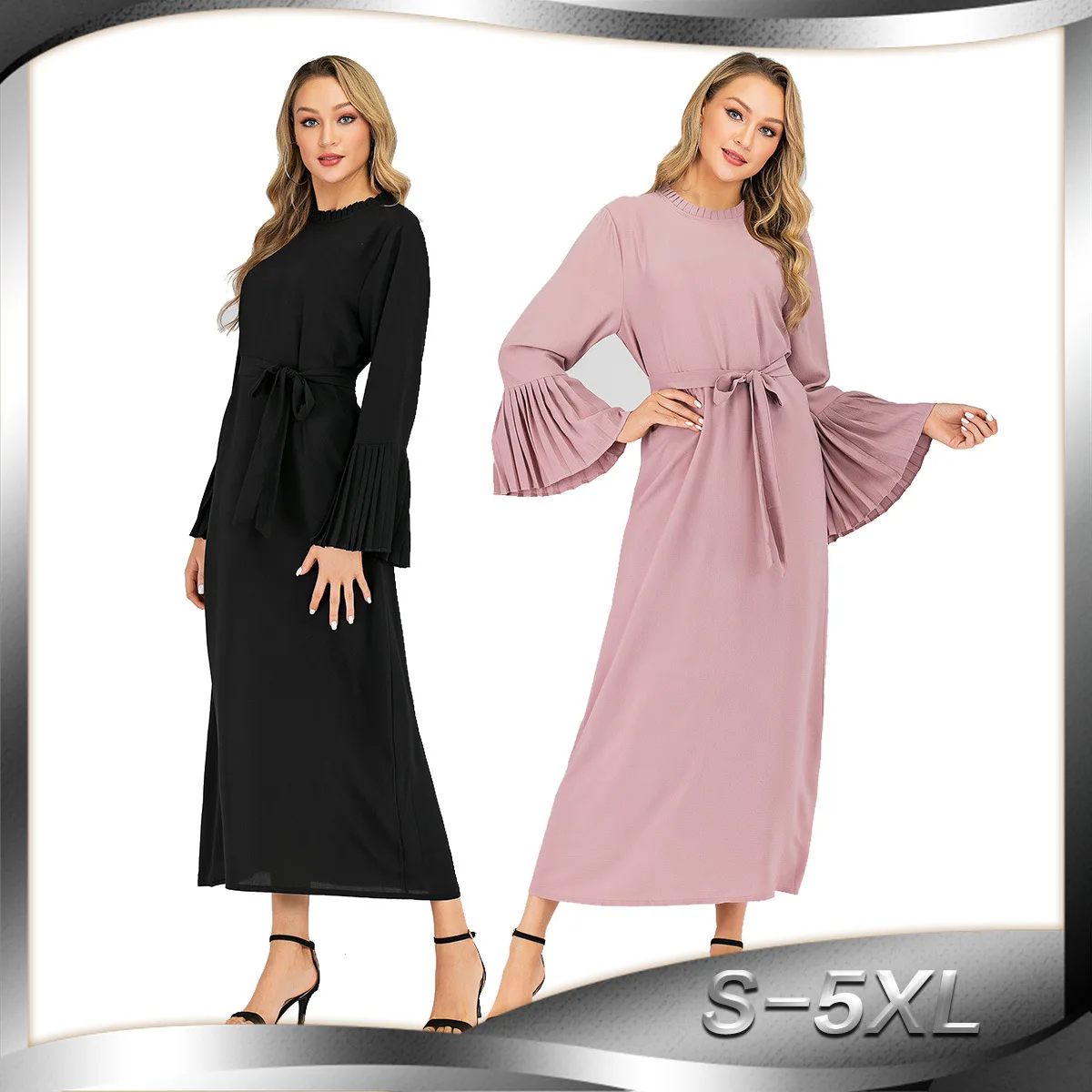 Женское платье с длинным рукавом круглым вырезом и складками в мусульманском