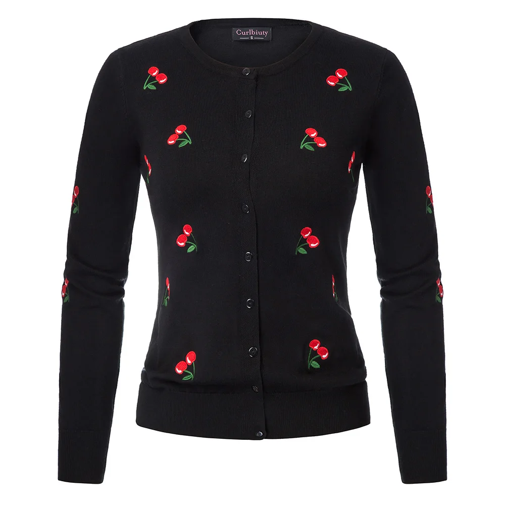 Женское пальто джемпер с вышивкой вишни трикотажное вязаная одежда вырезом