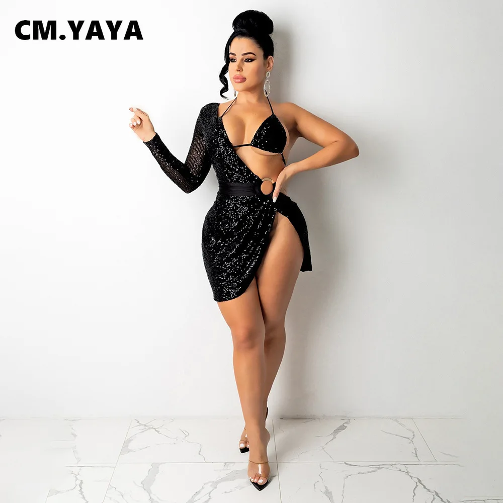 

CM.YAYA Women Mini Dress Solid Sequins One Shoulder Asymmetrical Dresses with Bra Sexy Night Club Party Vestidos Autumn Outfits
