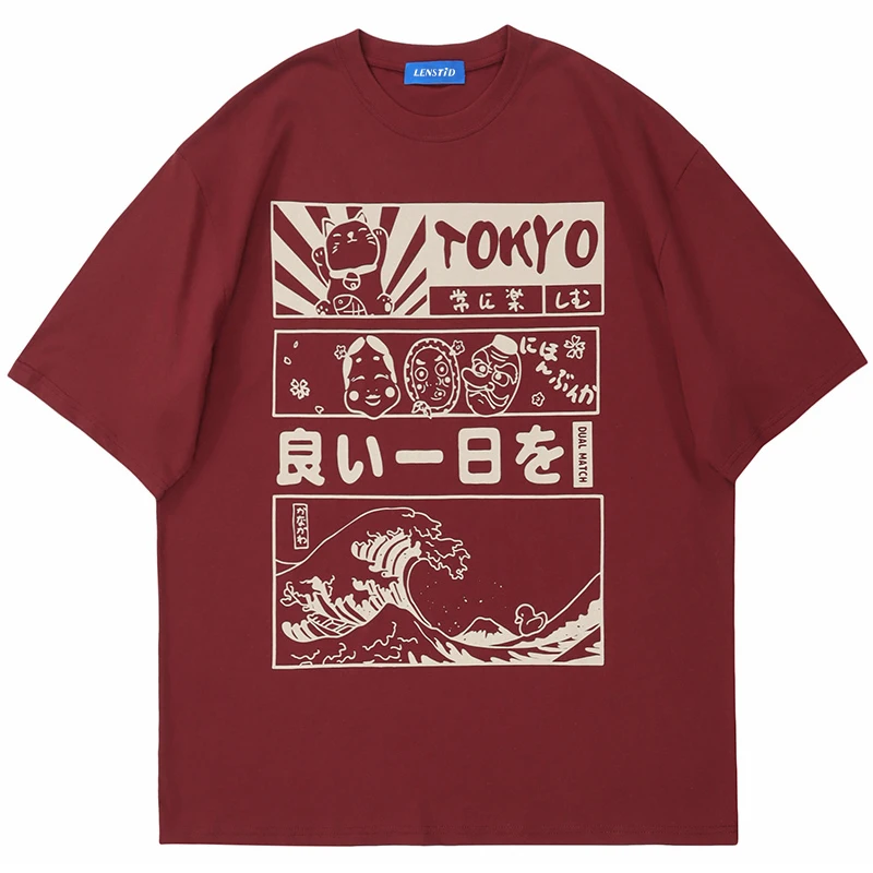 

Футболка мужская с коротким рукавом, повседневная хлопковая рубашка в стиле хип-хоп, уличная одежда с японским мультяшным принтом каньцзи, ...