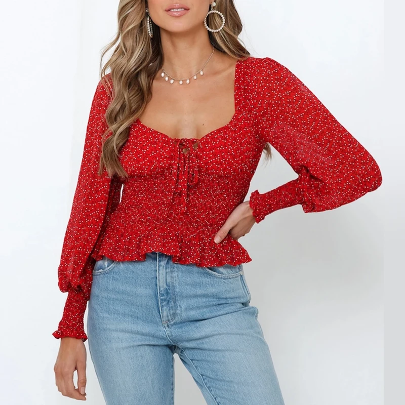 

Spring Floral Women's Self-cultivation Top Women's Summer and Spring Long-sleeved Lace T-shirt Printing Red and Green 2021 New