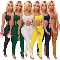 women fitness jumpsuits sexy sleeveless hollow out lace up o neck elasticity party rompers solid color one piece outfits