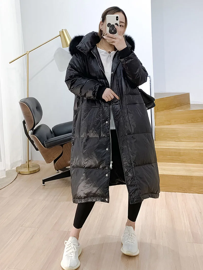 Женский пуховик с капюшоном длинная свободная теплая парка на белом утином пуху