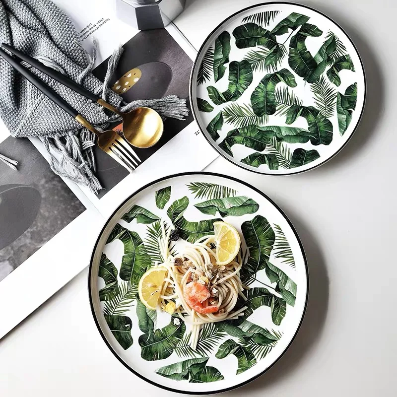 8 and 10 inch Ceramic Dinner Plate Green Leaf Tableware Dinnerware set Flat Dessert Snack Dish | Дом и сад