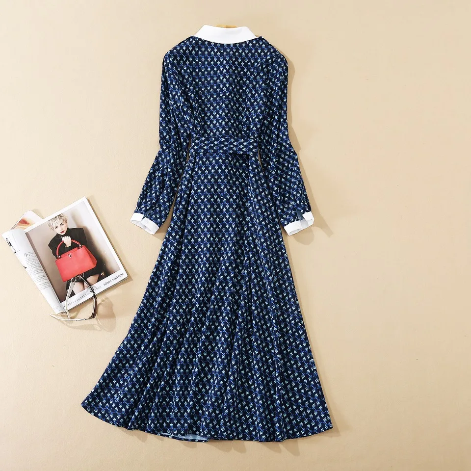 

Lady 2021 Spring High Street Fashion Vintage Ethnic Printed With Sashes Mid Calf Length Party Dress
