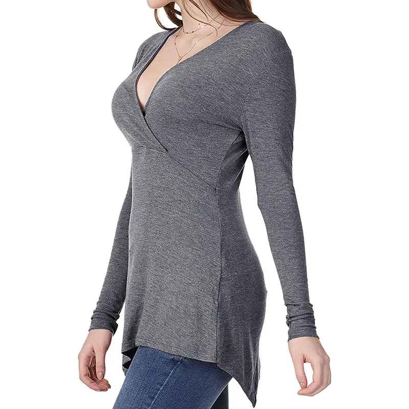 

#w Womens Tshirts Long Sleeve Deep V Neck Slim Ladies Tops Vintage Shirts Irregular Elegant Womens Tops 2020