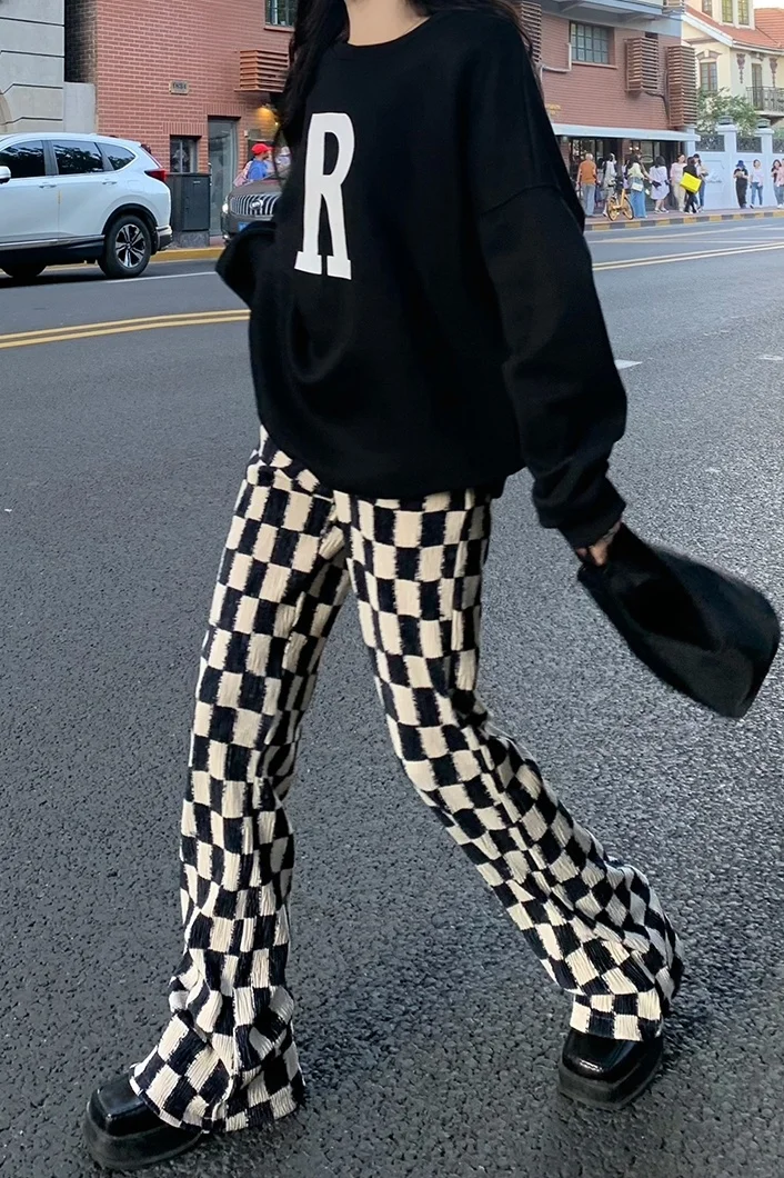 Свободные широкие брюки женские зимние шахматные повседневные новинка 2021
