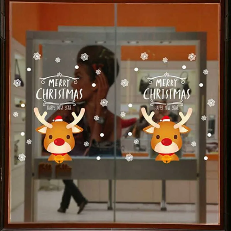 

Cute Cartoon Deer Xmas Christmas Stickers Self Adhesive Shop Home Decor Window Mirror Decals