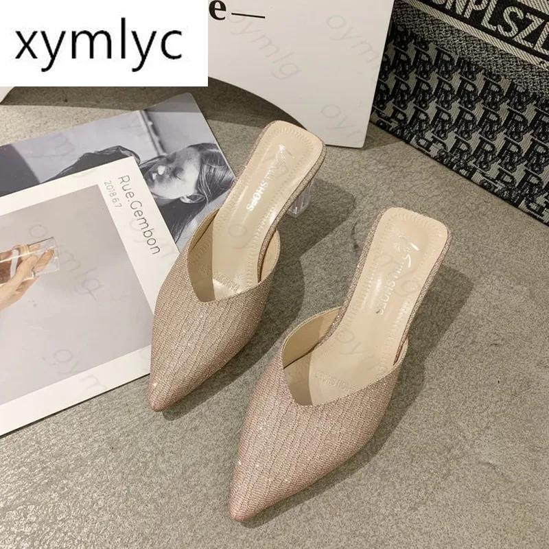 

Baotou Half Drag Women's Summer Wear 2021 New Korean Thick Heel Pointed Sequin Fashion Crystal Heel Shoes