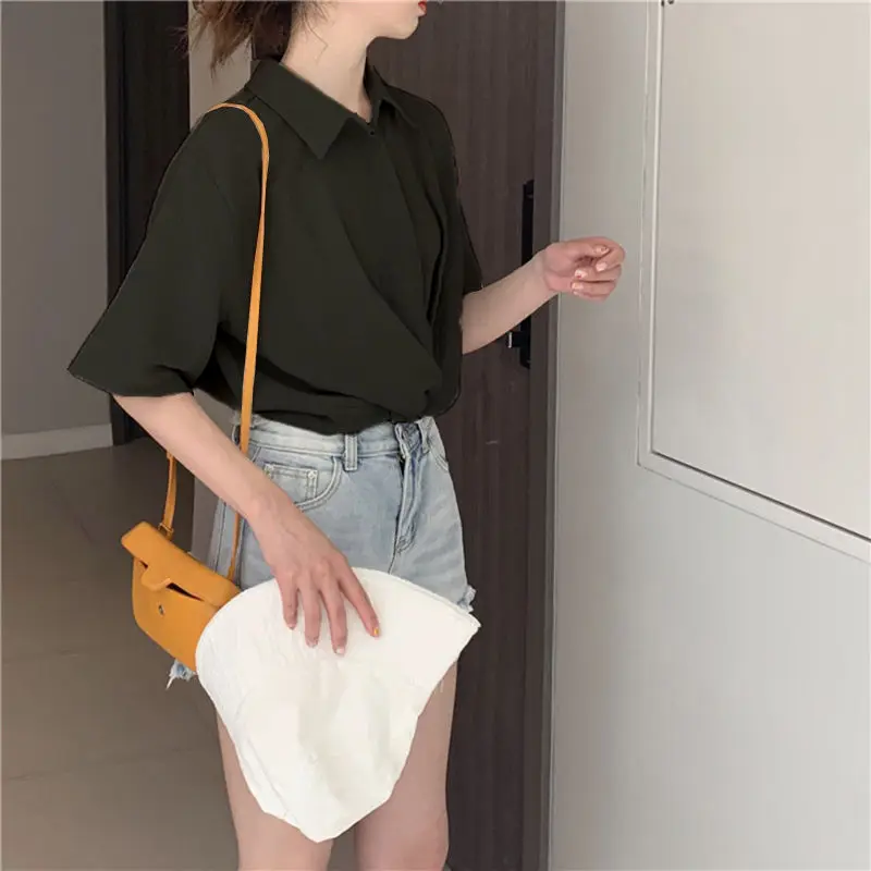 

Blouses Women Solid Simple Turn-down Collar Loose Knot Thin Sweet Tops Elegant Single Breasted Stylish All-match Basic Soft Chic