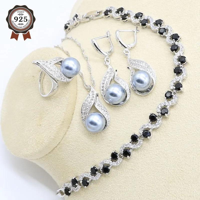 Серый жемчуг серебро Цвет набор украшений для женщин черного цвета браслет