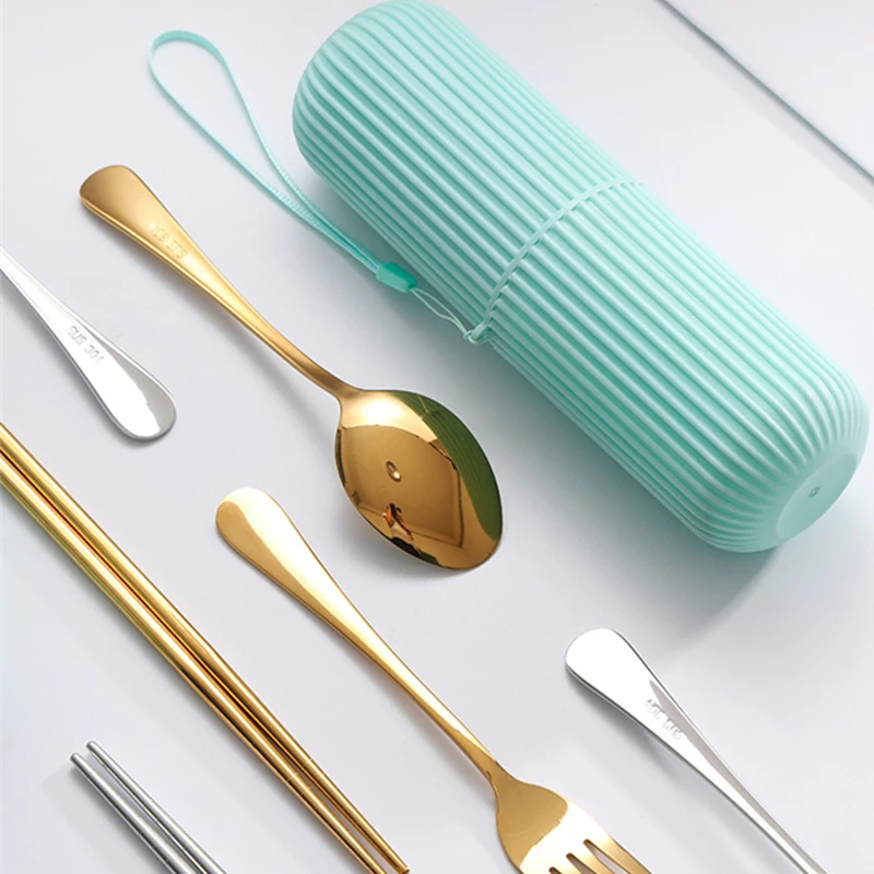 

3Pcs Portable Tableware Set With Box Stainless Steel Dinnerware Spoon Fork Chopsticks Western Cutlery Suit Kitchen Utensils