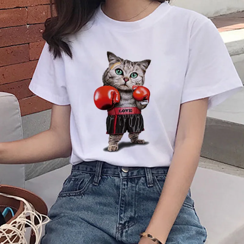 

Short-sleeved T-shirt Women's Street Clothing Tops T-shirt Tee Women's Cat Boxing Print T-shirt Women Fashion Funny Cat Harajuku