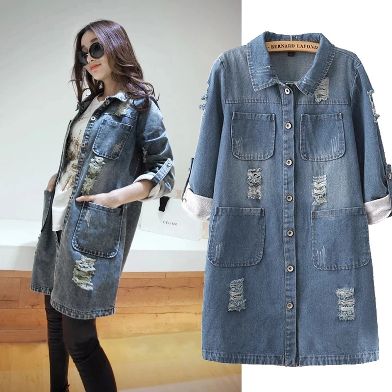 

Pop Autumn denim Coat Pop Vogue Women Retro Casual Trends Jean frayed long denim Plus Size Loose Coat