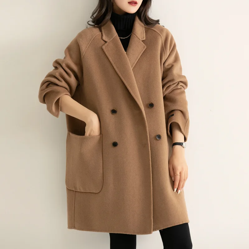 

Hot Sale Oversized Loose Fit Solid Real Wool Coat With Pockets Womens Stylish New Turn-down Collar Double-breasted Outerwear