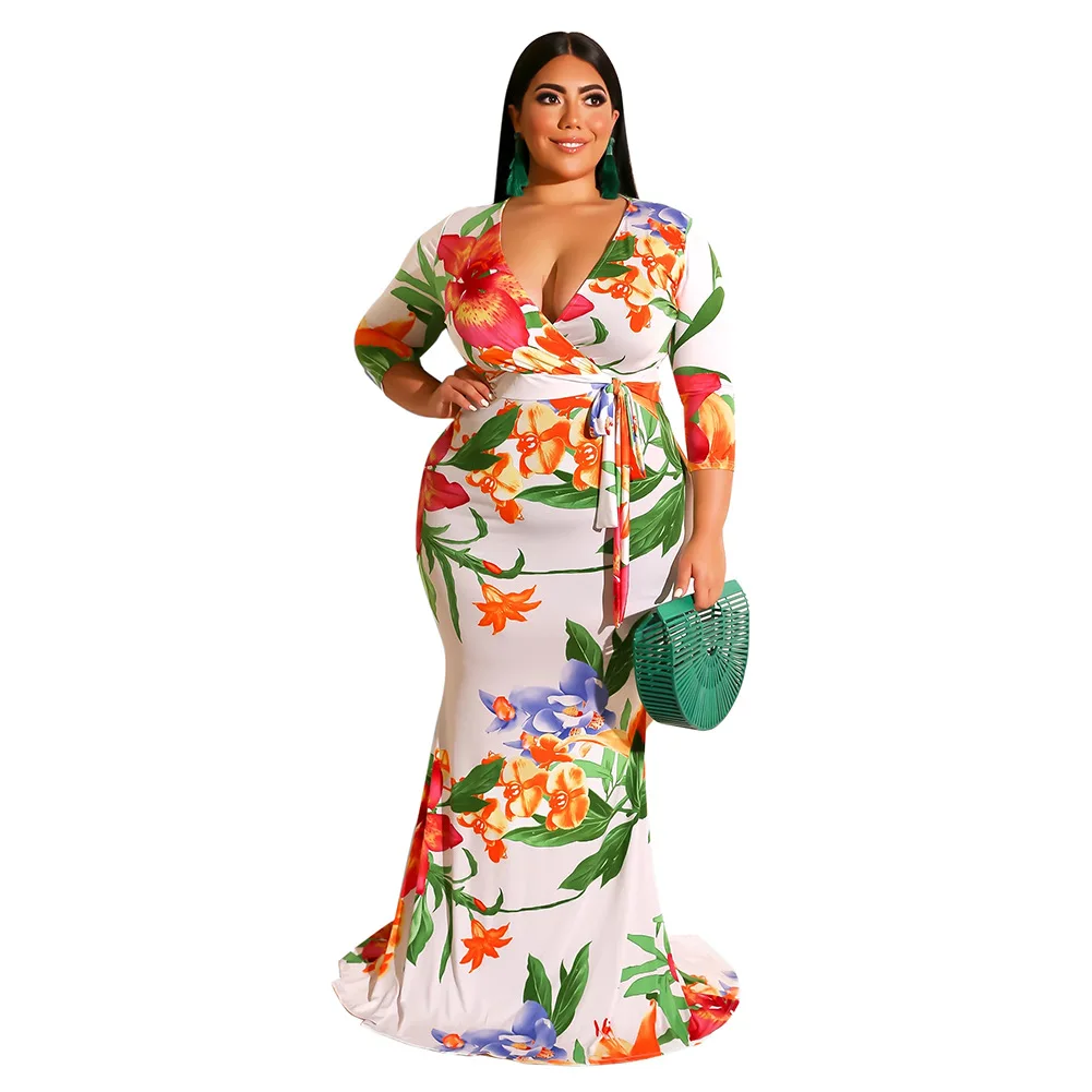 Женское длинное облегающее Макси платье с цветочным принтом и поясом в