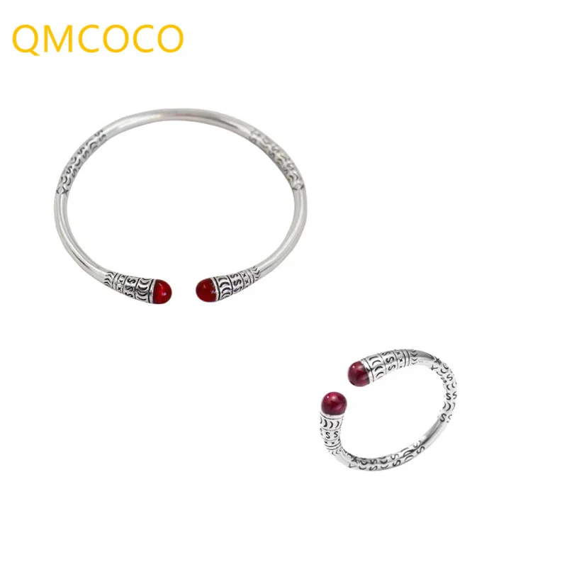 

QMCOCO серебряный цвет модные корейские Ретро Красные Камни Ювелирные изделия 2 шт./компл. кольцо + браслеты женские день рождения ювелирные из...
