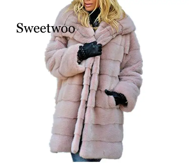 

4XL 5XL Europe and America Medium Long Section Solid Loose Plush Hooded Coat Faux Fur Winter Women Warm Jacket