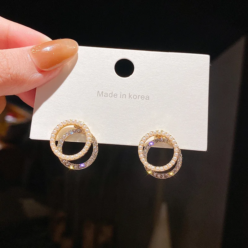 

S925 Silvers Needle Korean New Double Circle Dangle Earrings Full of Diamonds Pearl Wholesale Boho Jewelry Drop Shipping