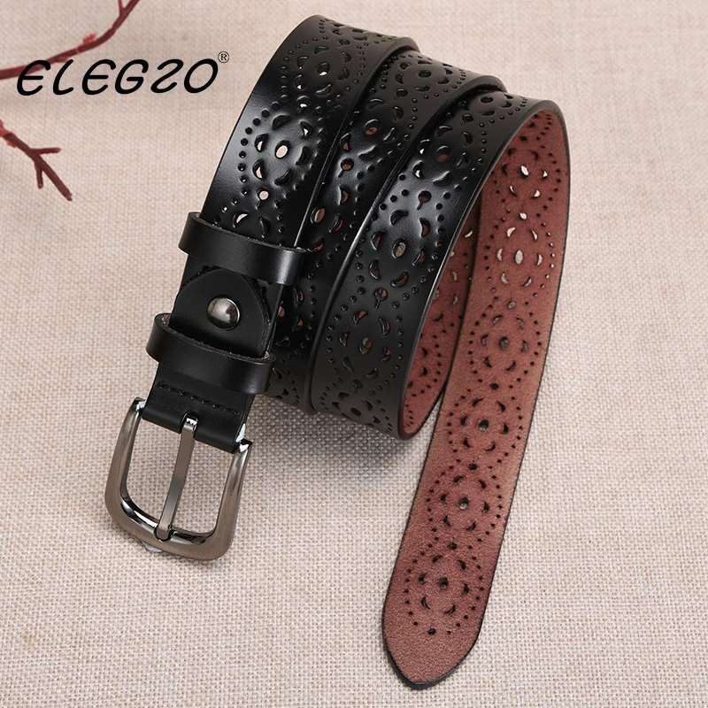 

2021－ELEGZOFemaleWaistband Fashion pin buckle high quality genuine leather pure cowhide belt Simple hollow all-match dress jeans