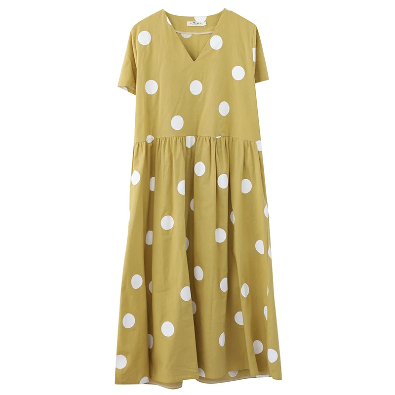 

Artistic Fresh V-Collar Polka Dot Cotton and Linen Short-Sleeved Dress 2020 Summer New Loose Large Size Slimming Dress