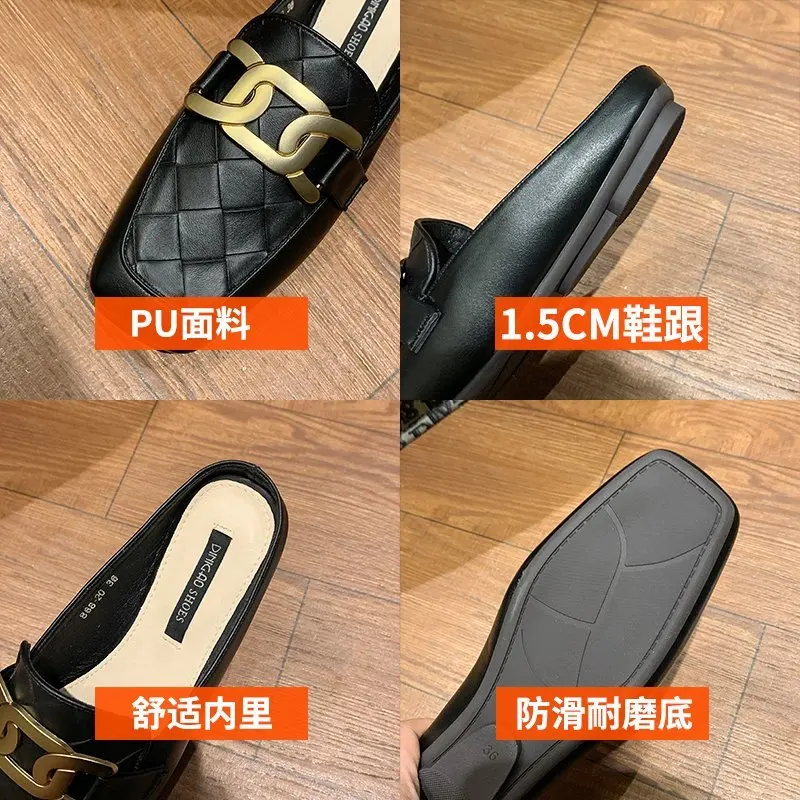 

Cover Toe Rubber Slippers Rivet Flat Shoes Female Slipers Women Slides Low Square 2021 Soft Rome PU Basic Fabric Low Rubber Slip
