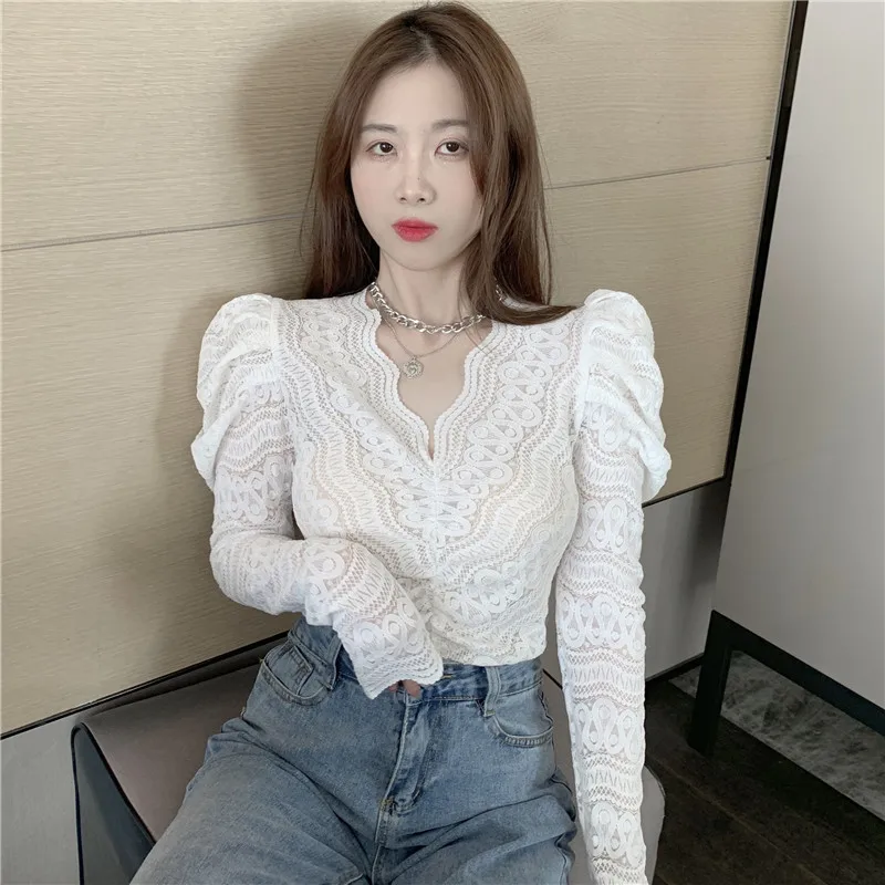 Blouses Women Hollow Lace Shirt Bubble Sleeves Hot Sell Solid Color Long-sleeved Outer Top Sexy V-neck Slim Female Chiffon Shirt