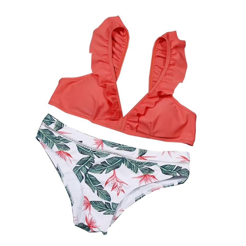 

Women Sexy 2 Pieces Bikini Set Ruffle Backless Bra Printing Thong Swimsuit Suit